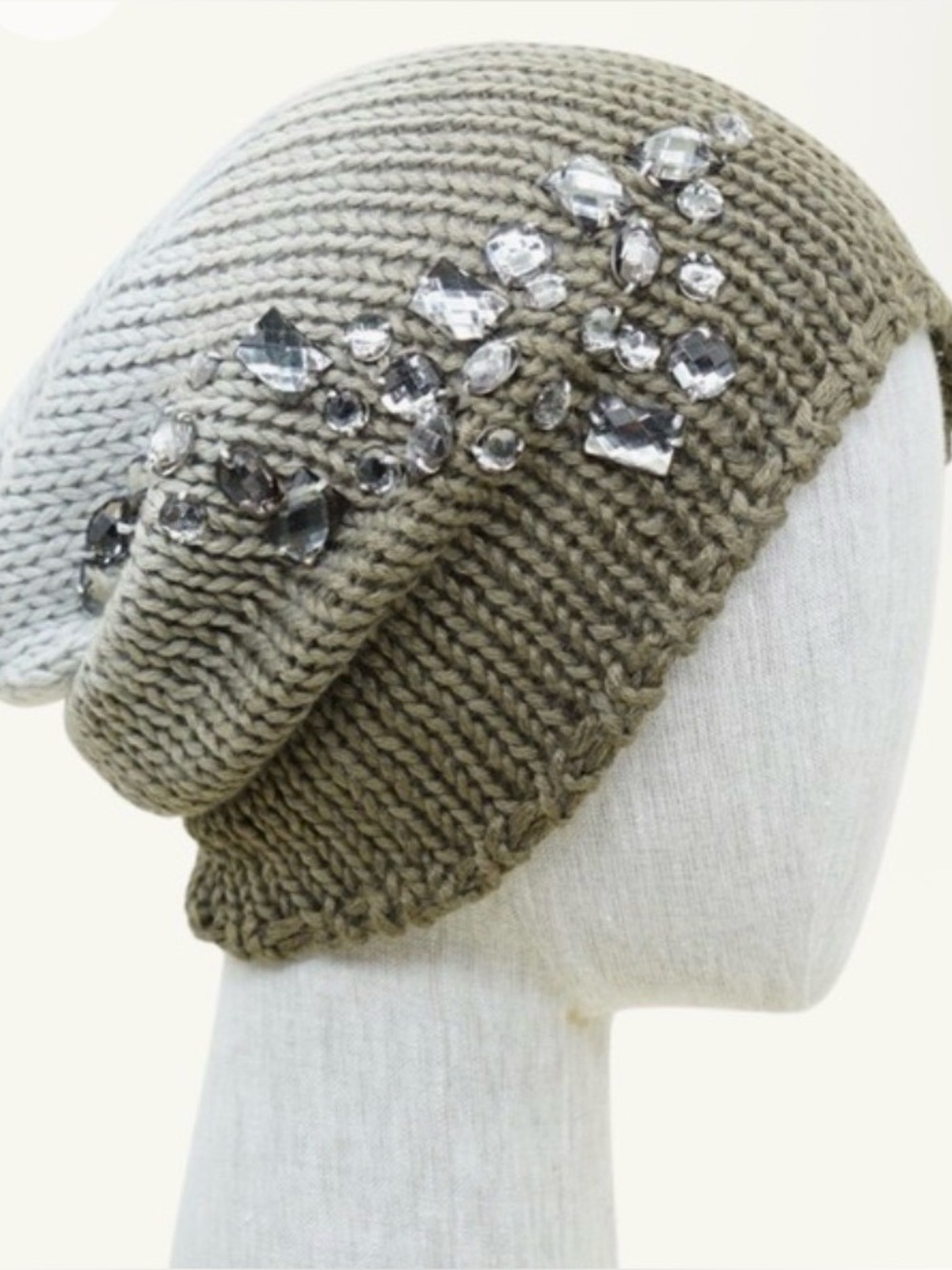 Embellished Knit Slouch Beanie in olive ombre